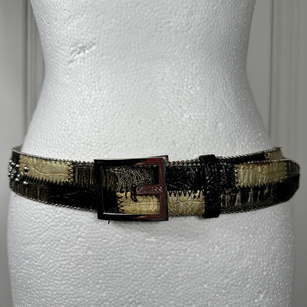 GUESS Y2K Rhinestone Studded Belt M Gold Black Faux Croc Logo Buckle